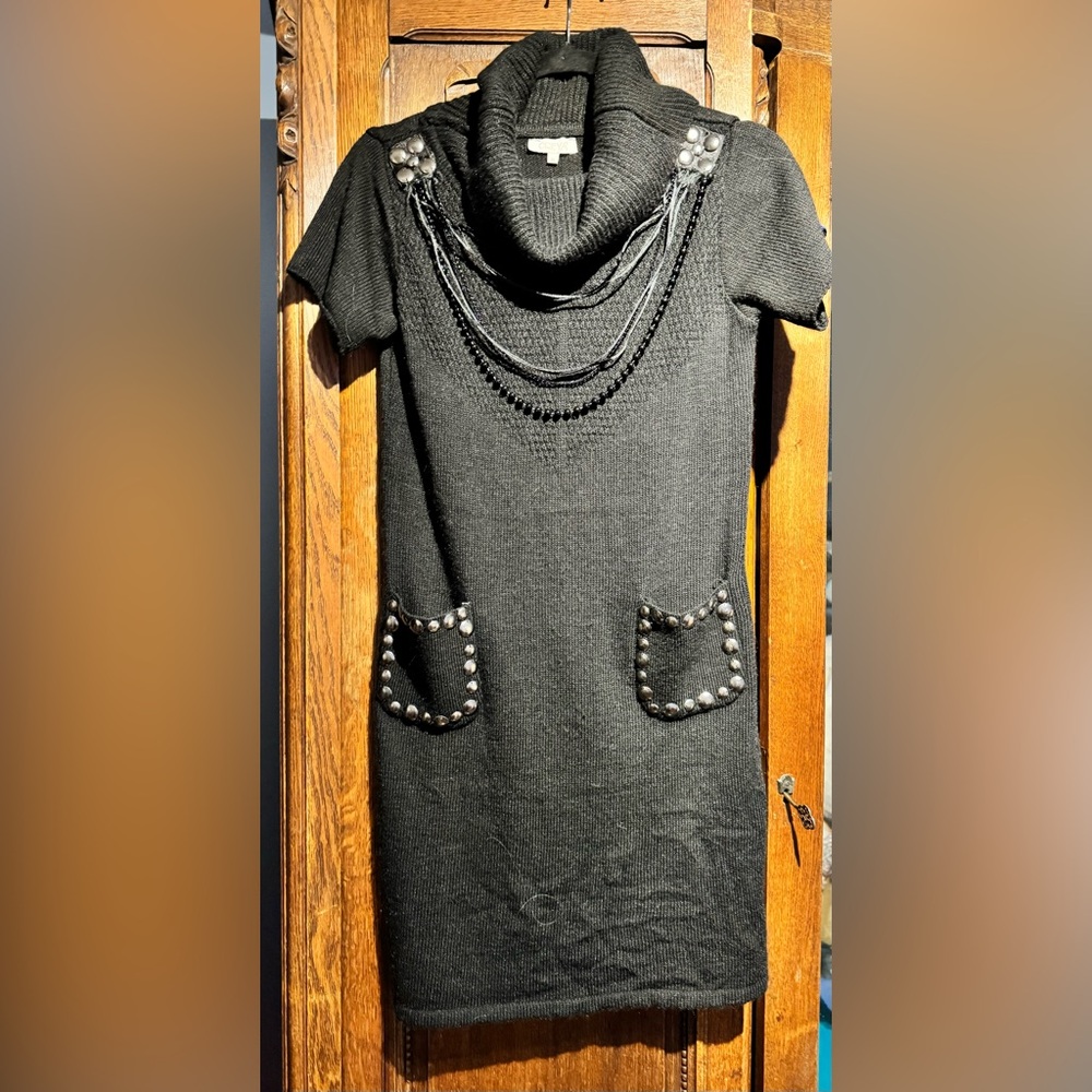 OREYA Short Sleeve Sweater Dress w/Nailstud pocket trim & cascading necklaces